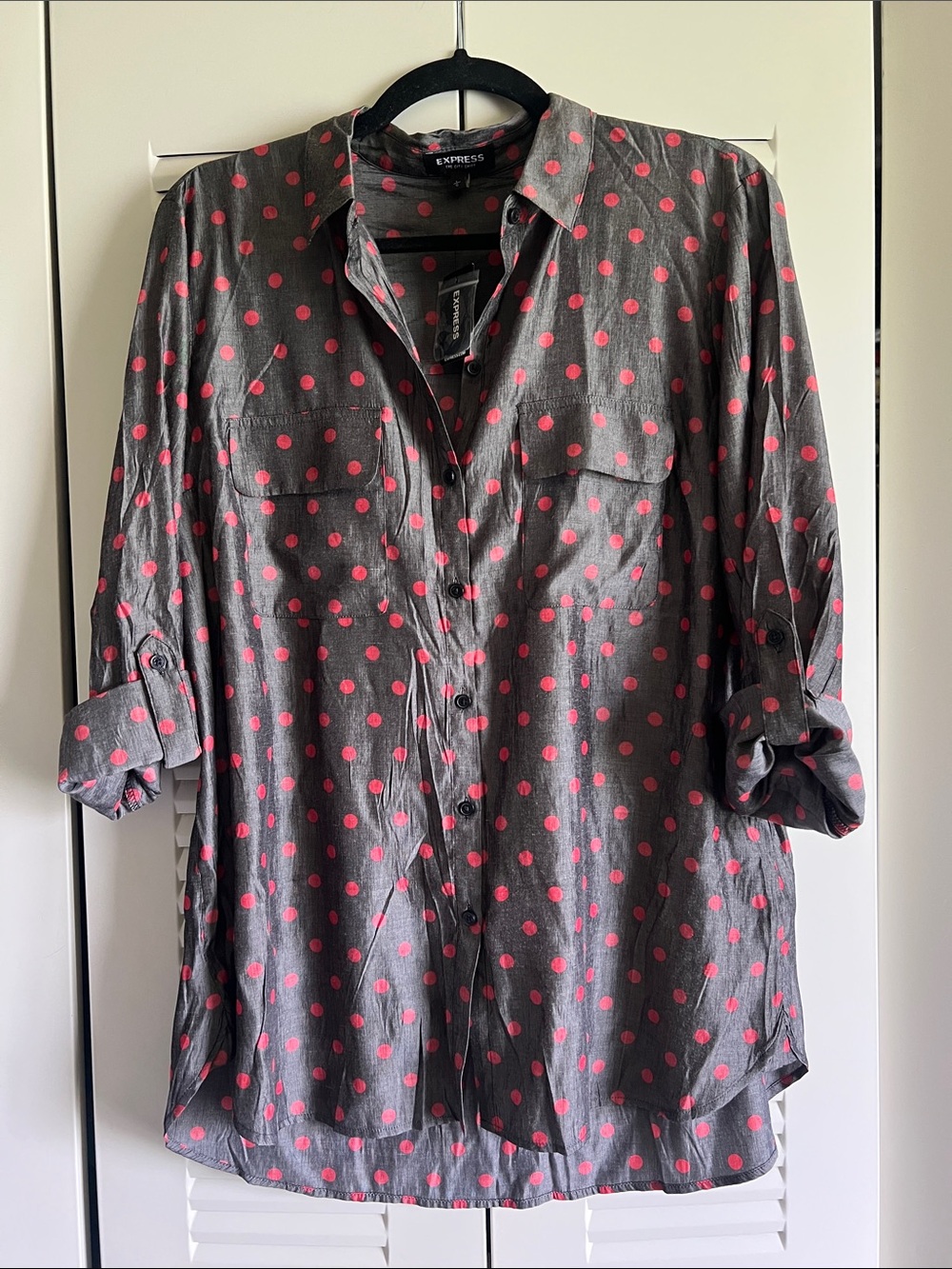 Express Gray Shirt with Pink Polka Dots - Size Large - NWT